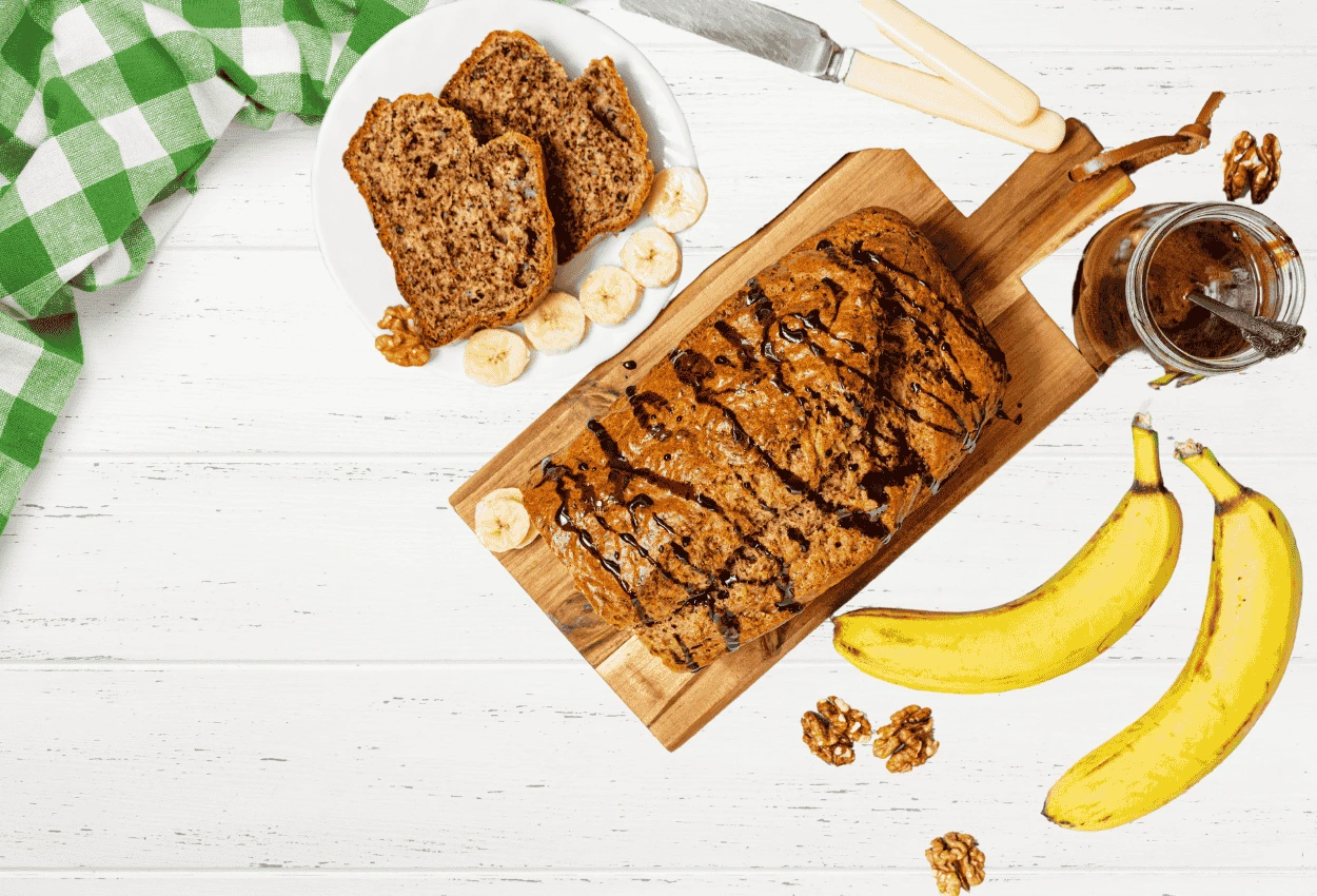 banana bread recipe with moist texture shown in slices.