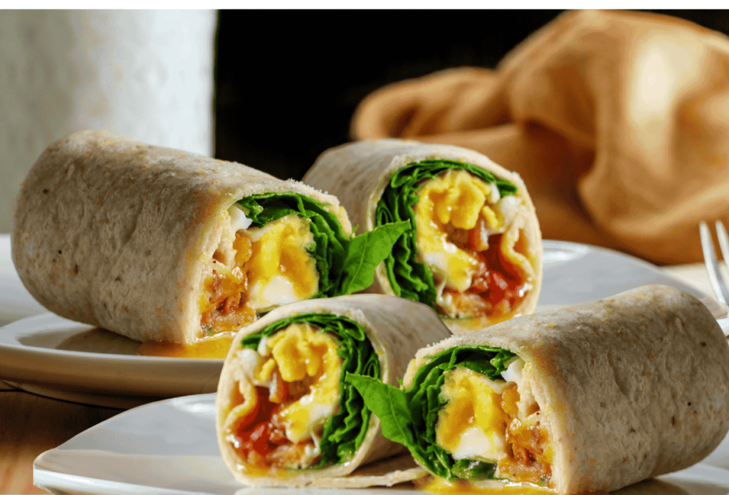 Breakfast Wraps with Spinach and Feta filled with scrambled eggs, fresh spinach, feta cheese, avocado slices, and cherry tomatoes, ready to serve on a wooden board.