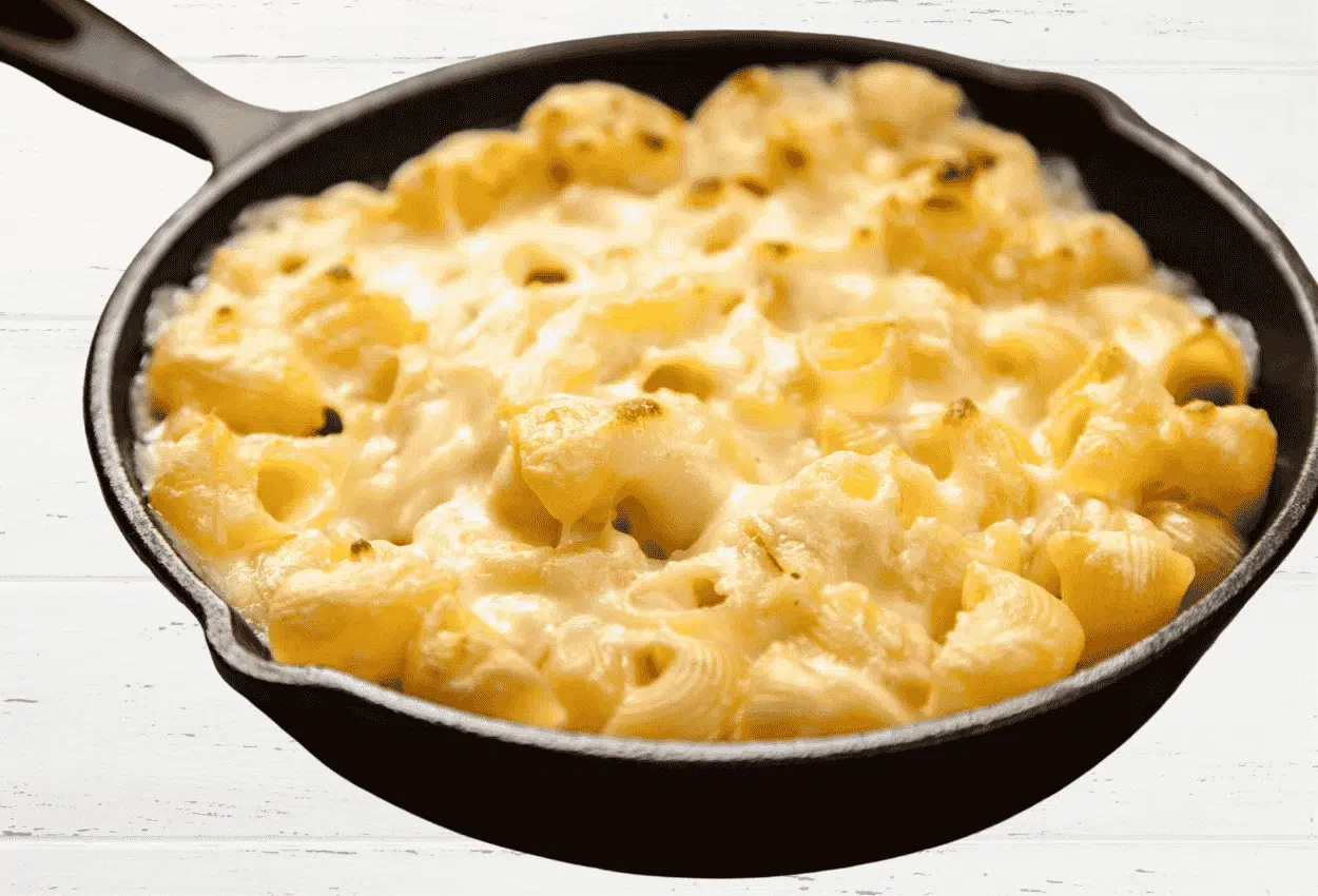 A mouthwatering plate of baked mac and cheese recipe with a golden, crispy top