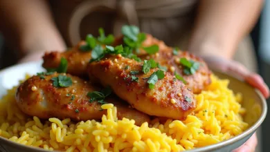 A delicious chicken and yellow rice recipe featuring tender chicken thighs and vibrant saffron-infused rice, served in a rustic skillet, perfect for a quick and flavorful family dinner."