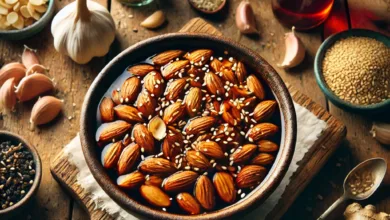 Chopped almonds and Asian sauce recipe featuring crunchy almonds coated in a savory, glossy sauce with soy, sesame, and garlic, served in a rustic bowl.