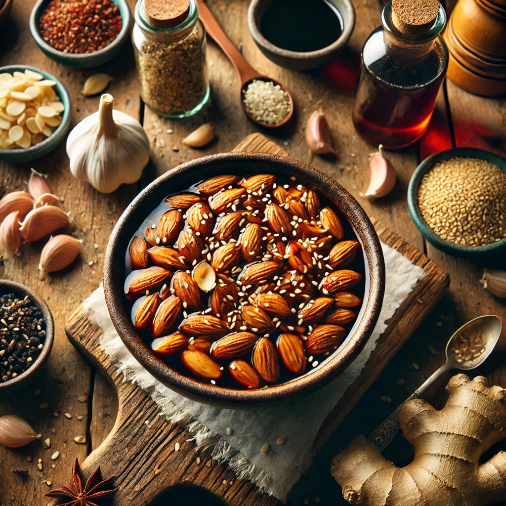 Chopped almonds and Asian sauce recipe featuring crunchy almonds coated in a savory, glossy sauce with soy, sesame, and garlic, served in a rustic bowl.