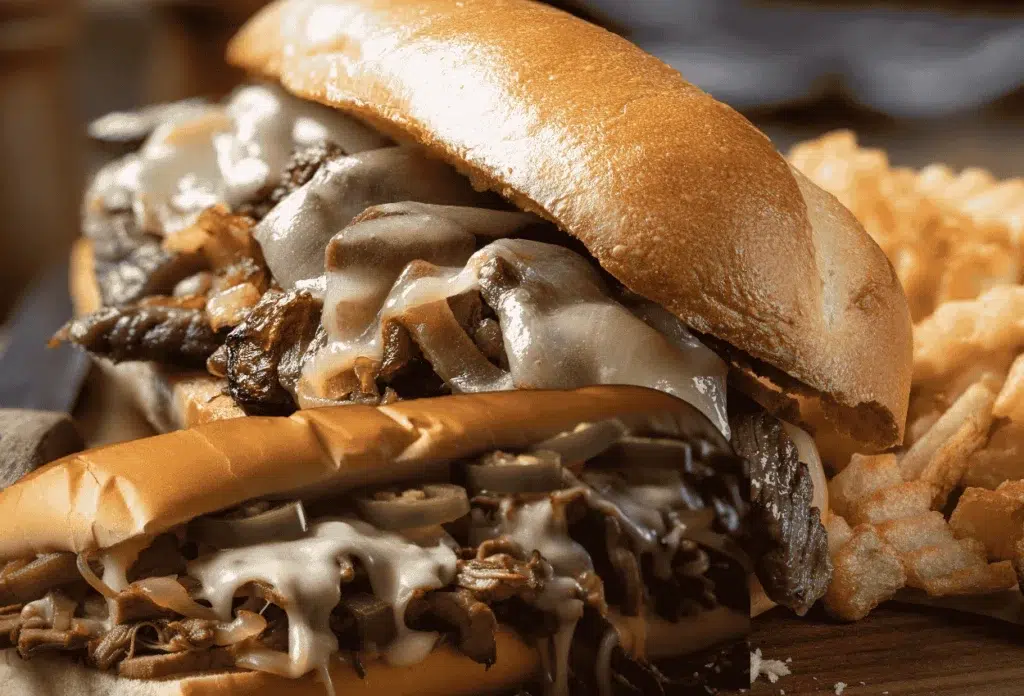 Philly Cheesesteak with melted cheese and caramelized onions on a hoagie roll