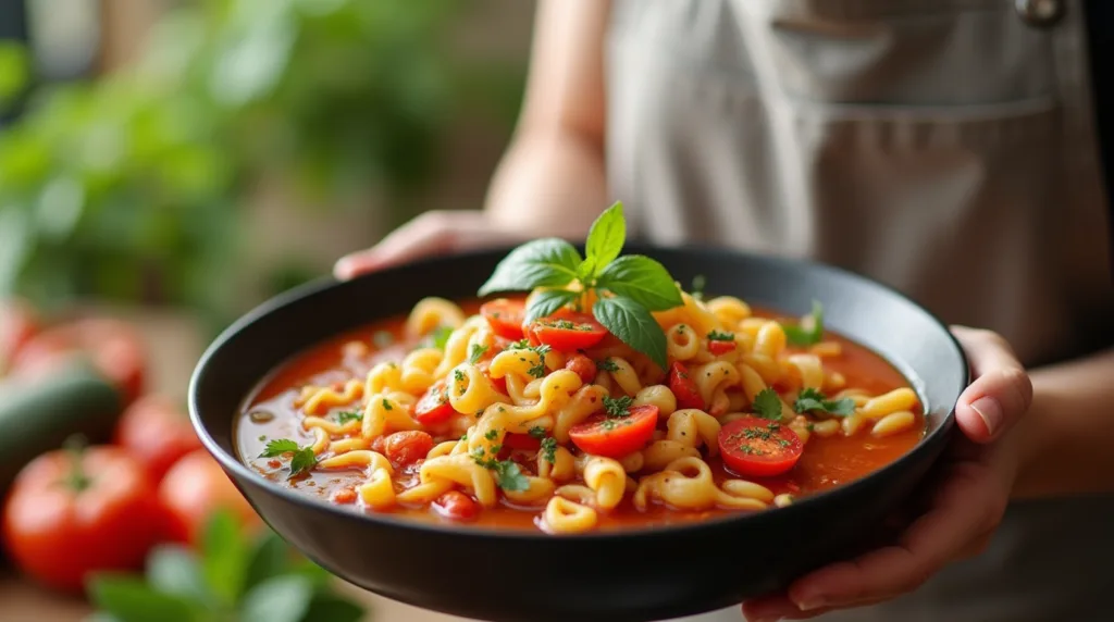 Recipes for one pot meal -pasta -soup with fresh ingredients in a single dish.