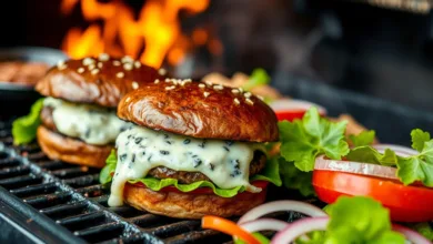 black and blue burger​ grilling on a barbecue with a perfect sear on the outside.