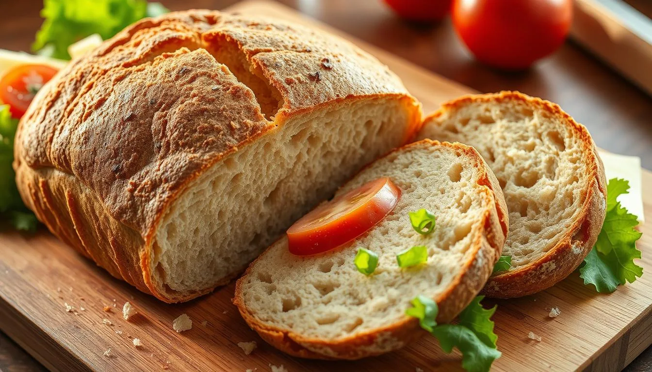 Slices of sourdough discard sandwich bread on a cutting board, ideal for making hearty sandwiches or toast.