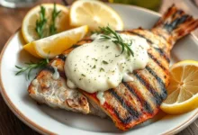 rosemary thyme compound butter for fish recipes : Grilled fish topped with a melting slice of rosemary thyme compound butter, garnished with lemon wedges and fresh herbs on a rustic table.