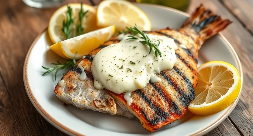 rosemary thyme compound butter for fish recipes : Grilled fish topped with a melting slice of rosemary thyme compound butter, garnished with lemon wedges and fresh herbs on a rustic table.