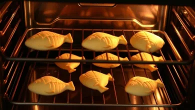 Fish-shaped dough pieces arranged on a parchment-lined baking sheet with the oven door open in the background.