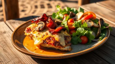 Plated Alice Springs Chicken with a side salad for serving