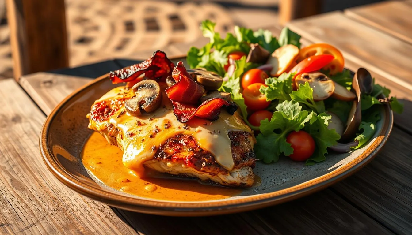 Plated Alice Springs Chicken with a side salad for serving