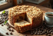 Coffee cake with oatmeal streusel served with a cup of coffee.