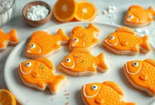 Ingredients for making orange fish cookies - flour, butter, sugar, orange zest, eggs.