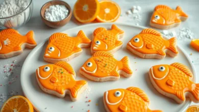 Ingredients for making orange fish cookies - flour, butter, sugar, orange zest, eggs.