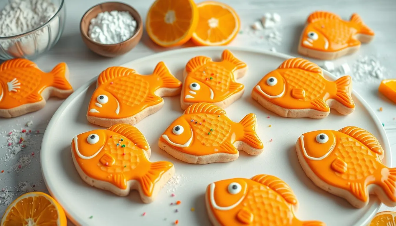 Ingredients for making orange fish cookies - flour, butter, sugar, orange zest, eggs.