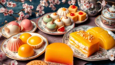 Colorful Asian desserts displayed at a bustling night market with various treats like mochi and mango sticky rice.