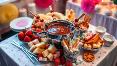 Chocolate Fondue ; Fondue set with melted chocolate and a variety of dippers like marshmallows, cake, and pretzels