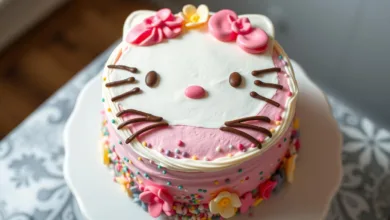 A beautifully decorated Hello Kitty cake with a pink bow and buttercream frosting." Title: "Decorated Hello Kitty Cake