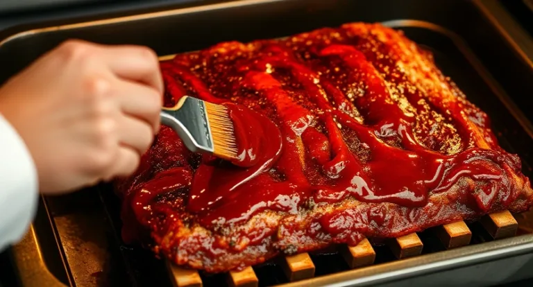 Chef brushing BBQ sauce on beef back ribs after baking, adding a glaze to the ribs.