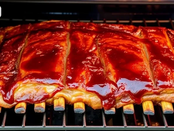 Beef back ribs under a broiler or on a grill, caramelizing the BBQ sauce to create a crispy glaze.