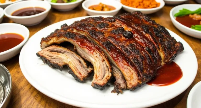 Plated beef back ribs recipe with a caramelized glaze, served with extra BBQ sauce on the side.