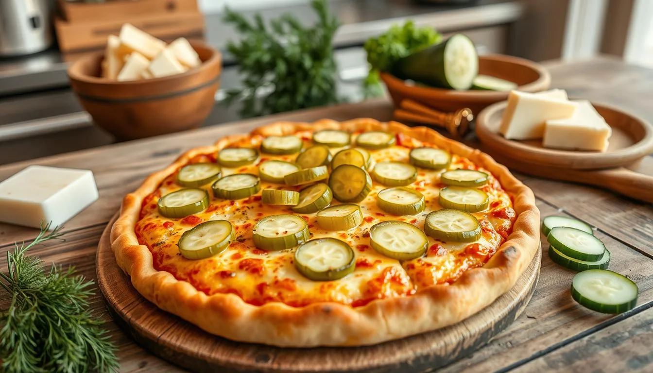 Freshly baked pickle pie pizza with melted cheese and dill pickle slices.