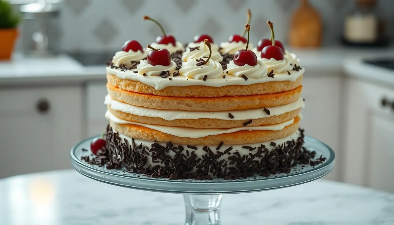 Creating the perfect white forest cake layers with smooth batter poured into cake pans