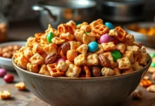 Close-up of a bowl of Chex Mix Recipe Sweet with Chex cereal, pretzels, mixed nuts, and M&Ms, caramel coated.