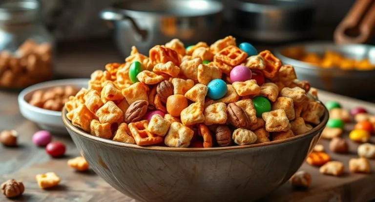 Close-up of a bowl of Chex Mix Recipe Sweet with Chex cereal, pretzels, mixed nuts, and M&Ms, caramel coated.