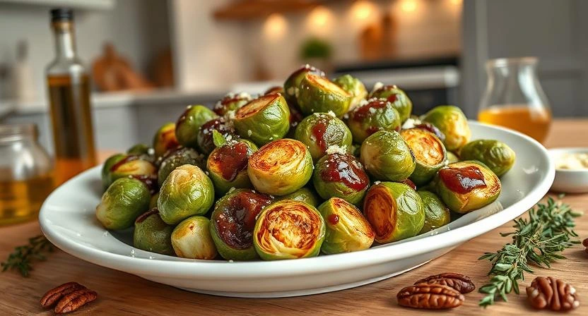 A vibrant spread of Longhorn Brussels Sprouts on a white ceramic plate, glistening with balsamic vinegar glaze and honey. Topped with grated parmesan, toasted pecans, and fresh thyme, surrounded by ingredients like olive oil and thyme. The illustration showcases the Longhorn Brussels Sprout recipe in a warm, homey kitchen environment, with soft textures and inviting color tones.