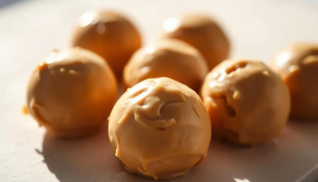 Close-up of the essential ingredients for making Butterfinger Balls: creamy peanut butter, graham cracker crumbs, powdered sugar, and chocolate bark, all neatly arranged on a kitchen counter.