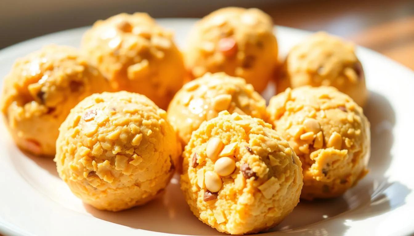 Delicious Butterfinger Balls arranged on a plate, drizzled with chocolate, showcasing the peanut butter, graham cracker, and crushed Butterfinger layers, the perfect no-bake treat from the Butterfinger Balls recipe.