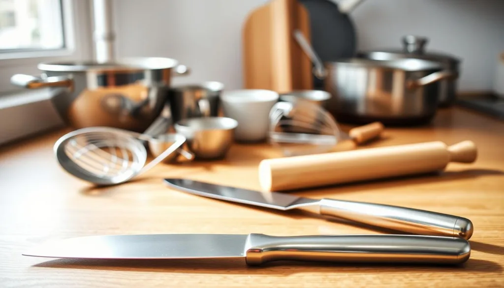 ssential kitchen tools for making Butterfinger Balls: a large mixing bowl, baking sheet lined with parchment paper, microwave-safe bowl, spoon, and spatula, arranged on a countertop.