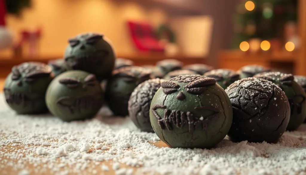 Une assiette remplie de boules Oreo Grinch vertes, chacune ornée d'un petit cœur rouge sur le dessus.