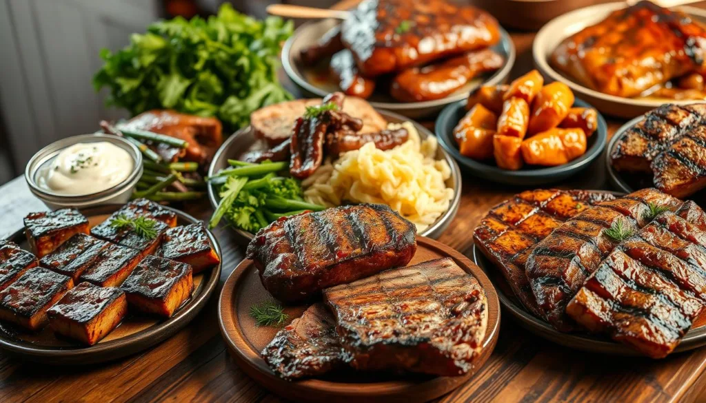 A variety of delicious meat dishes including steak, chicken, and pork.