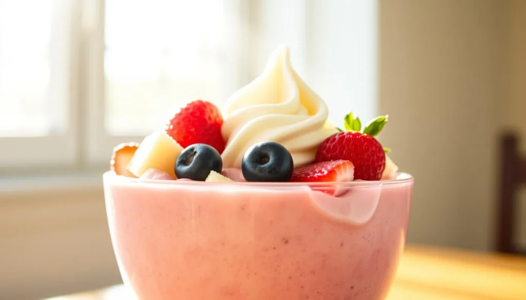 A vibrant glass of the smoothie king angel food recipe garnished with fresh fruit, representing the perfect healthy smoothie.