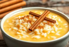 arroz con leche​ : A bowl of arroz con leche garnished with cinnamon.