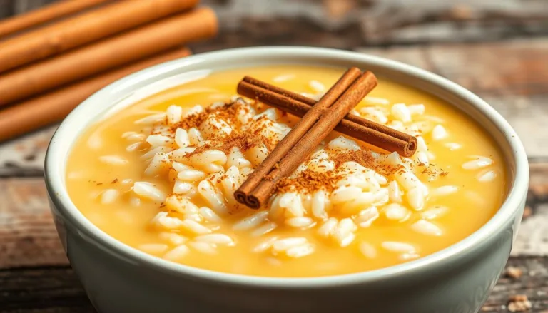 arroz con leche​ : A bowl of arroz con leche garnished with cinnamon.